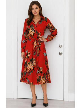 KINDOM Christine Red floral maxi shirt dress sz S